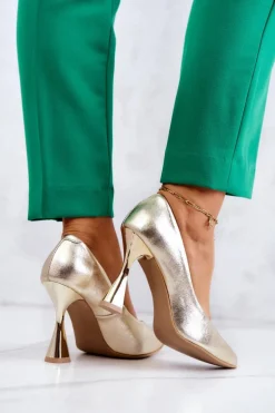 Modne Skórzane Czółenka Lewski Shoes 3181 Złote
