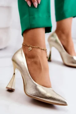 Modne Skórzane Czółenka Lewski Shoes 3181 Złote