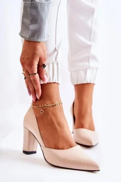 Modne Skórzane Czółenka Na Słupku Beżowe Emotion