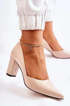 Modne Skórzane Czółenka Na Słupku Beżowe Emotion