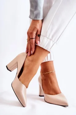 Modne Skórzane Czółenka Na Słupku Beżowe Emotion