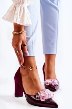 Modne Skórzane Czółenka Z Ozdobami Bordowe Louna