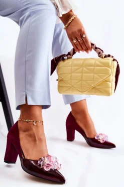 Modne Skórzane Czółenka Z Ozdobami Bordowe Louna