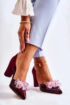 Modne Skórzane Czółenka Z Ozdobami Bordowe Louna