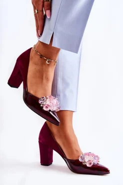 Modne Skórzane Czółenka Z Ozdobami Bordowe Louna