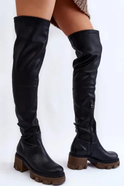 Modne Skórzane Damskie Kozaki Za Kolano Czarne Lemar Venise