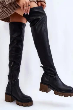 Modne Skórzane Damskie Kozaki Za Kolano Czarne Lemar Venise