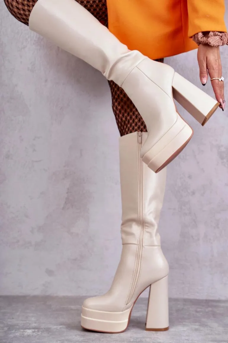 Modne Skórzane Kozaki Na Masywnym Obcasie Beżowe Meggie