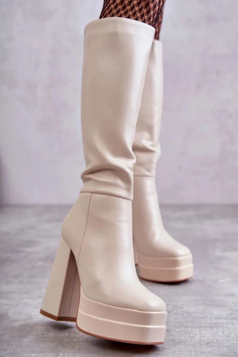 Modne Skórzane Kozaki Na Masywnym Obcasie Beżowe Meggie
