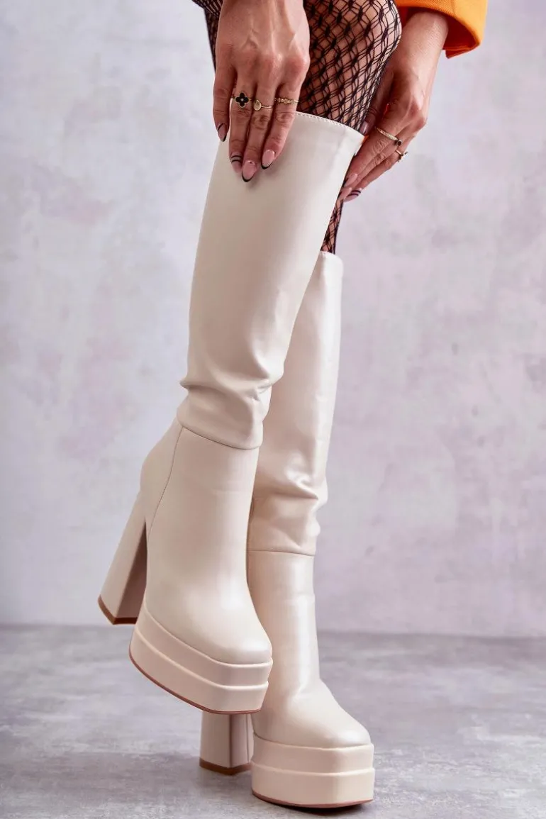 Modne Skórzane Kozaki Na Masywnym Obcasie Beżowe Meggie