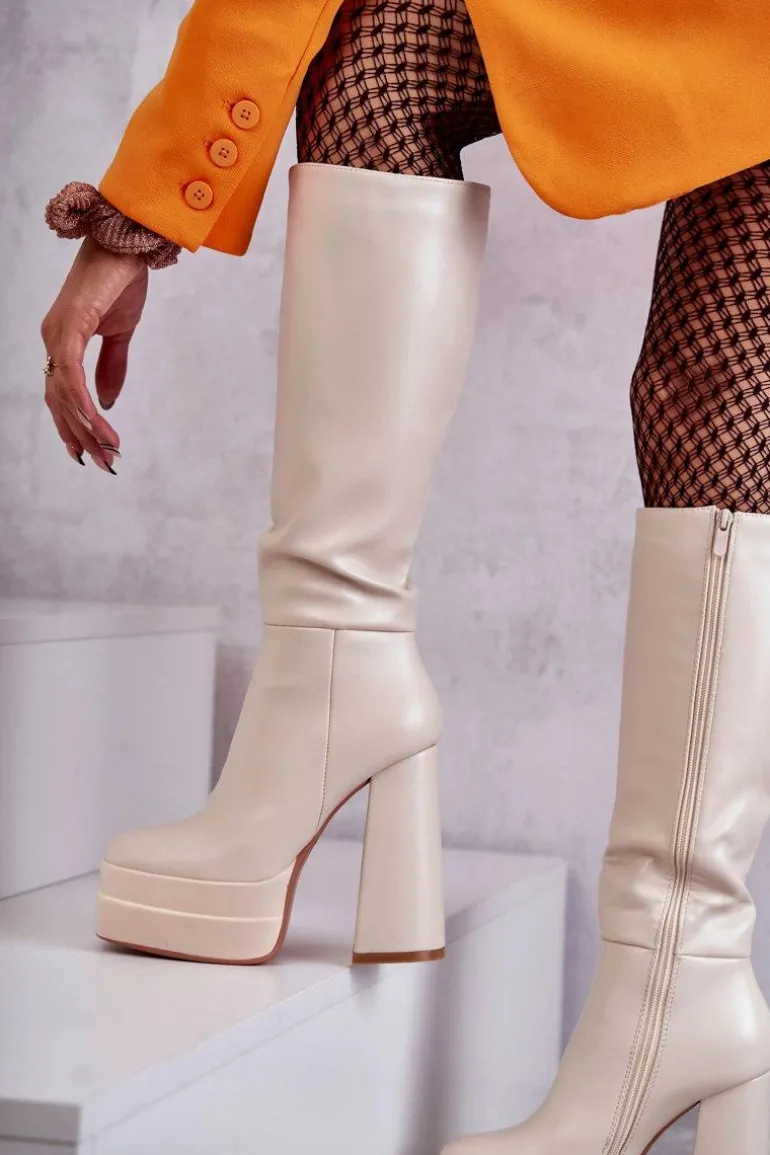 Modne Skórzane Kozaki Na Masywnym Obcasie Beżowe Meggie