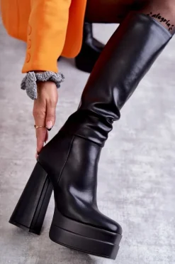 Modne Skórzane Kozaki Na Masywnym Obcasie Czarne Meggie