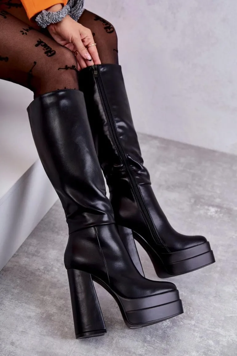 Modne Skórzane Kozaki Na Masywnym Obcasie Czarne Meggie