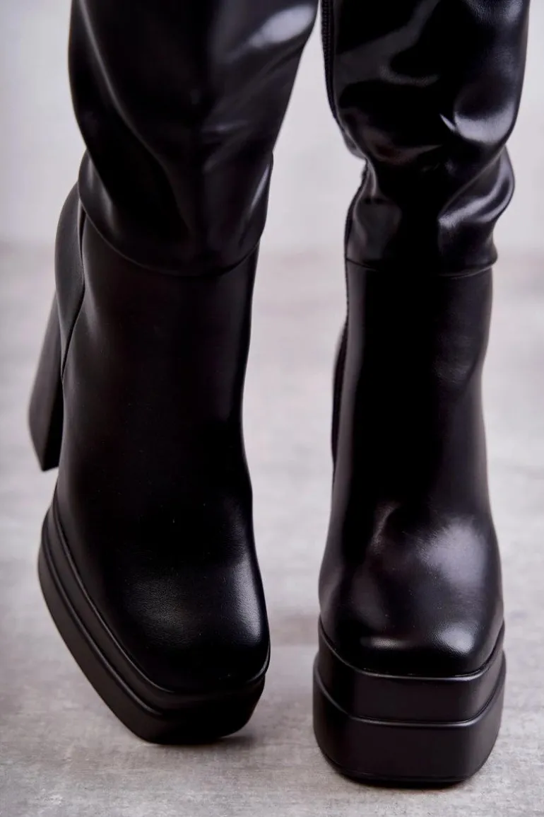 Modne Skórzane Kozaki Na Masywnym Obcasie Czarne Meggie