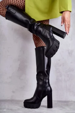 Modne Skórzane Kozaki Na Platformie Czarne Isabell