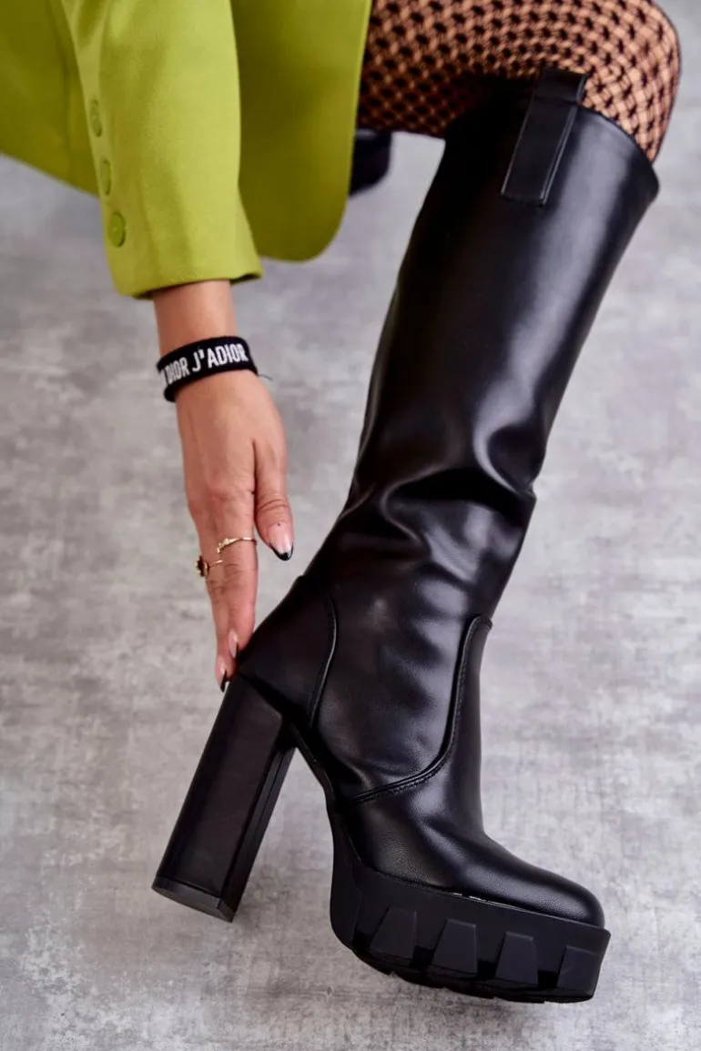 Modne Skórzane Kozaki Na Platformie Czarne Isabell