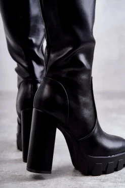 Modne Skórzane Kozaki Na Platformie Czarne Isabell