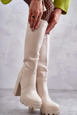 Modne Skórzane Kozaki Na Platformie Beżowe Isabell