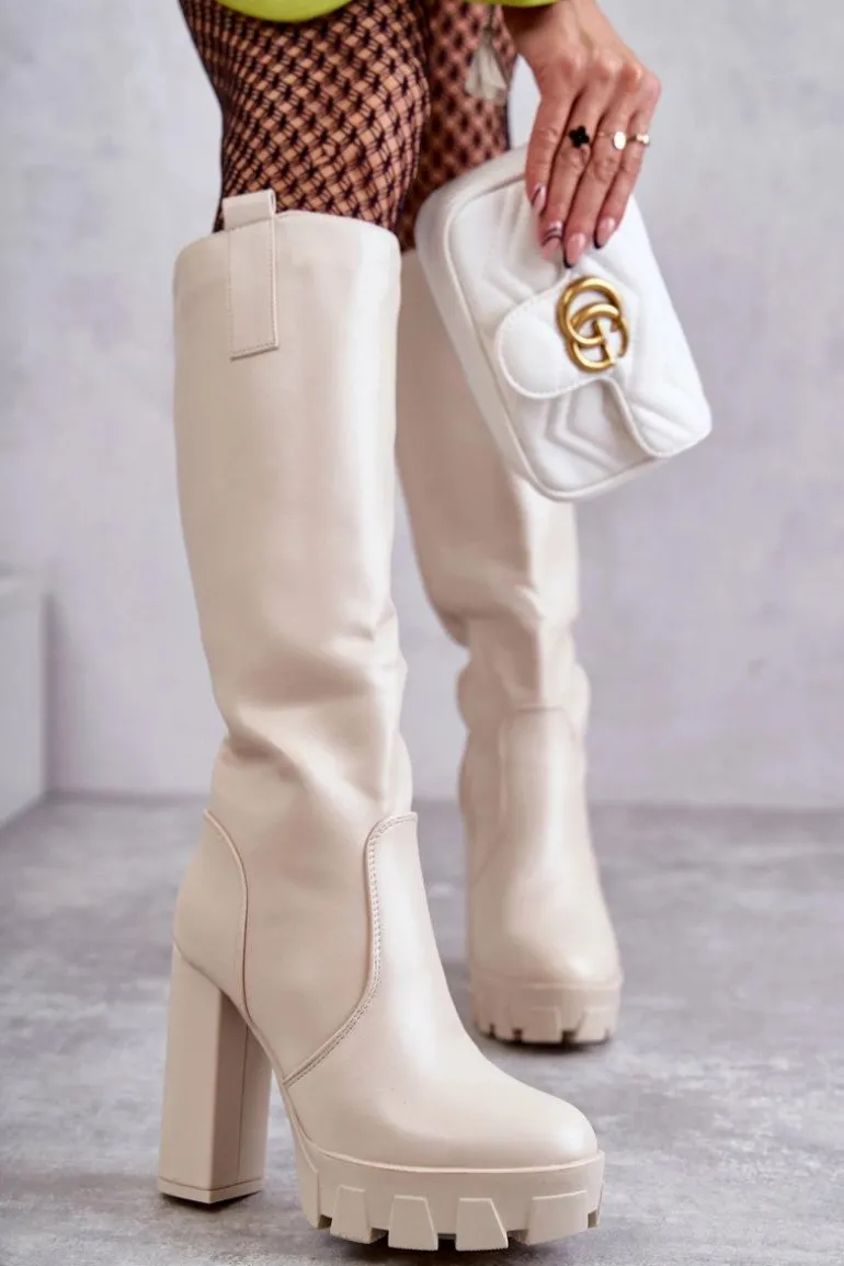 Modne Skórzane Kozaki Na Platformie Beżowe Isabell