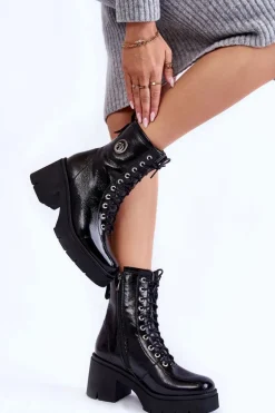 Modne Skórzane Ocieplane Botki Na Obcasie Czarne Illusion