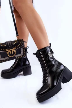 Modne Skórzane Ocieplane Botki Na Obcasie Czarne Illusion