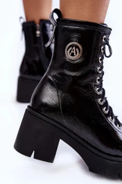 Modne Skórzane Ocieplane Botki Na Obcasie Czarne Illusion