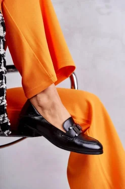 Modne Skórzane Półbuty Loafery Czarne Trine