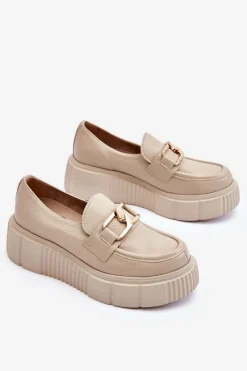 Modne Skórzane Półbuty Na Platformie Beżowe Lemar Marsol