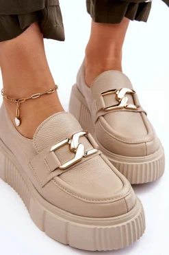 Modne Skórzane Półbuty Na Platformie Beżowe Lemar Marsol