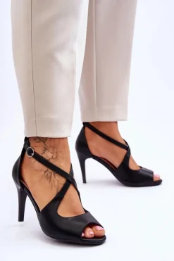 Modne Skórzane Sandałki Na Szpilce Sergio Leone SK429 Czarne