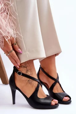 Modne Skórzane Sandałki Na Szpilce Sergio Leone SK429 Czarne