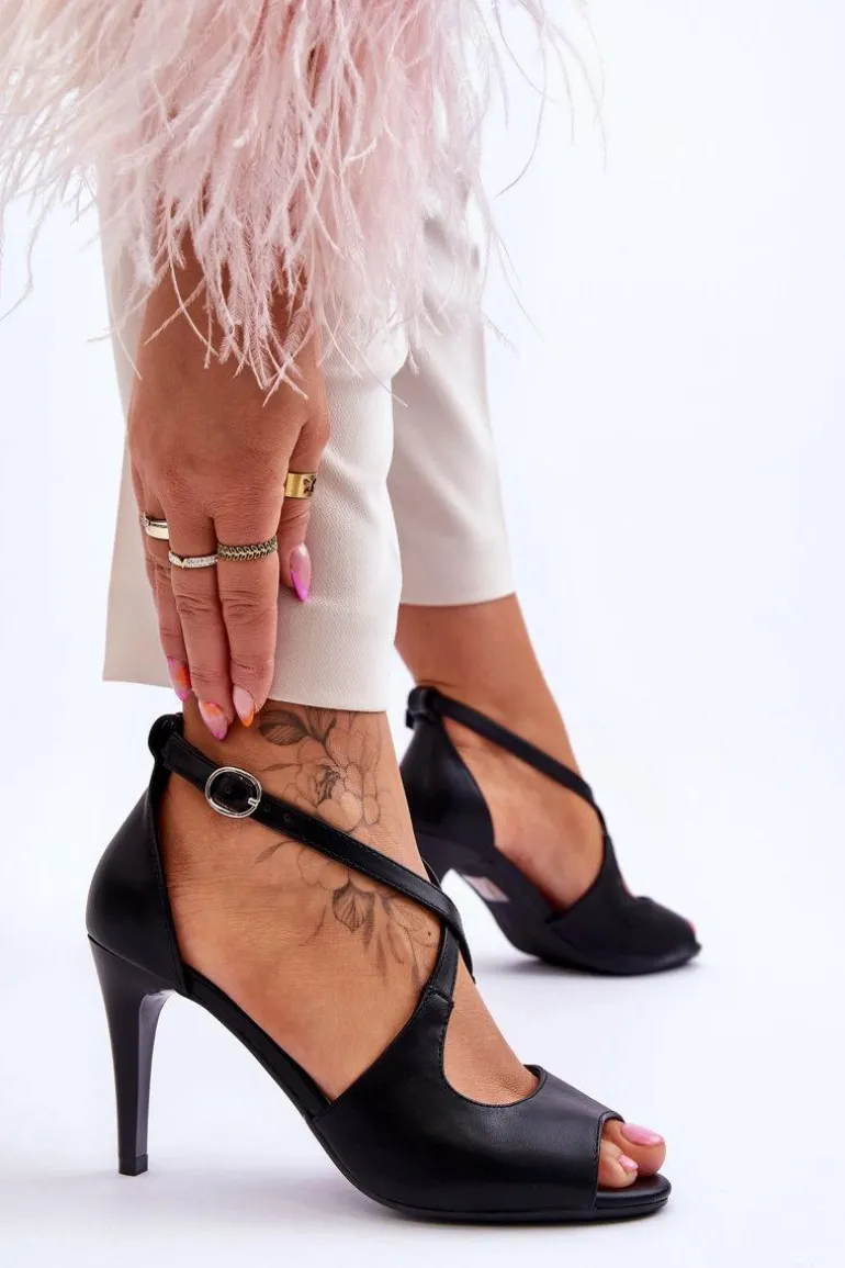 Modne Skórzane Sandałki Na Szpilce Sergio Leone SK429 Czarne