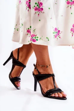 Modne Skórzane Sandałki Na Szpilce Czarne Havanna