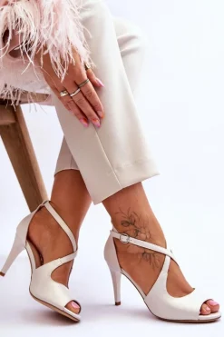 Modne Skórzane Sandałki Na Szpilce Sergio Leone SK429 Perłowe Jasnobeżowe