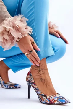 Modne Skórzane Szpilki Lewski Shoes 2659 Czarno-Niebieskie