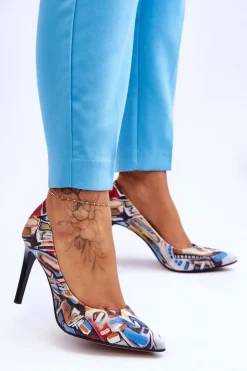Modne Skórzane Szpilki Lewski Shoes 2659 Czarno-Niebieskie
