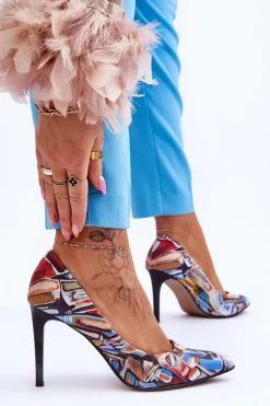 Modne Skórzane Szpilki Lewski Shoes 2659 Czarno-Niebieskie