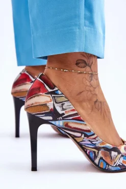 Modne Skórzane Szpilki Lewski Shoes 2659 Czarno-Niebieskie