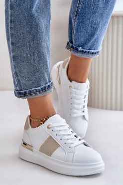 Modne Sneakersy Damskie Na Platformie Z Eko Skóry Beżowe Nevisase