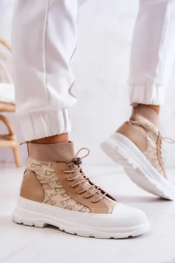 Modne Trampki Wysoka Skarpeta Beżowe Collin