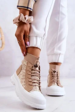 Modne Trampki Wysoka Skarpeta Beżowe Collin