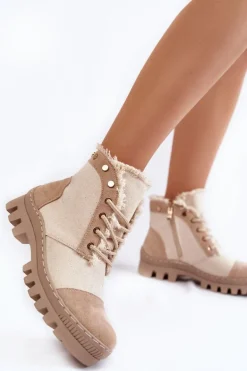 Modne Wiosenne Damskie Botki Trapery Beżowe Claira