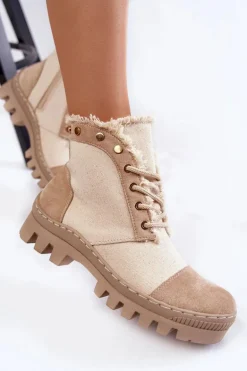 Modne Wiosenne Damskie Botki Trapery Beżowe Claira