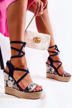 Modne Wiązane Sandały Na Koturnie Granatowe Recife