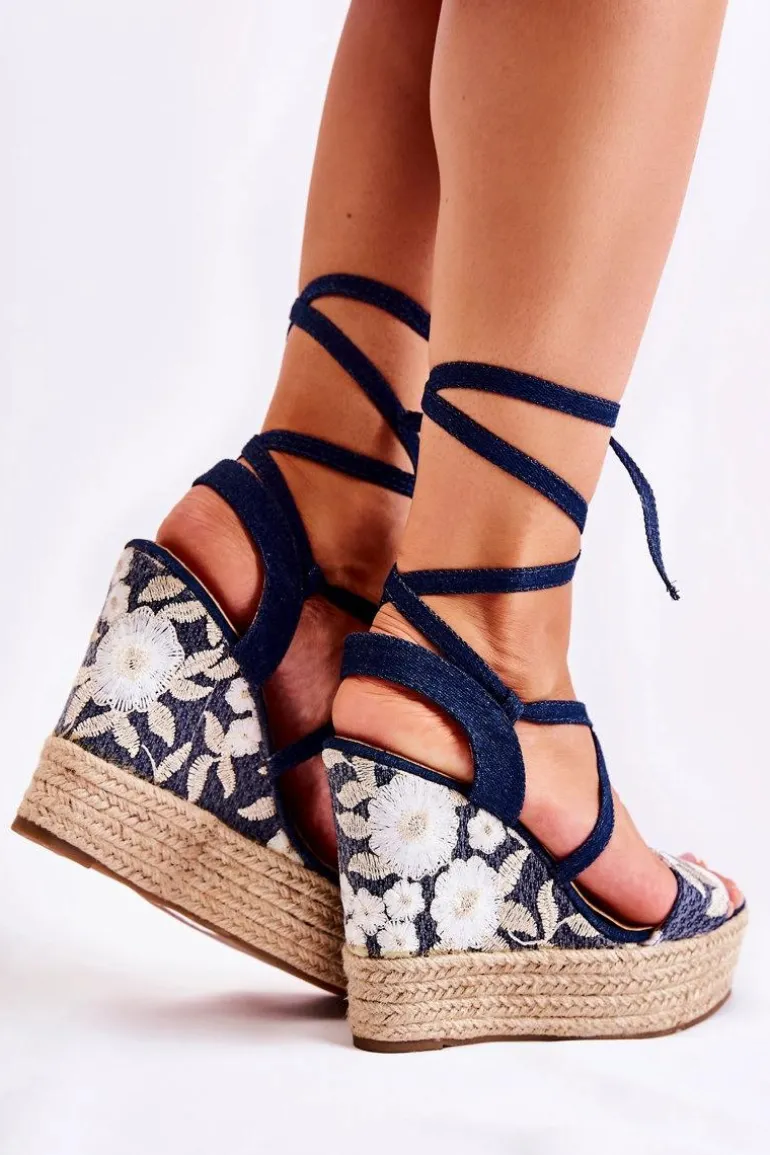 Modne Wiązane Sandały Na Koturnie Granatowe Recife