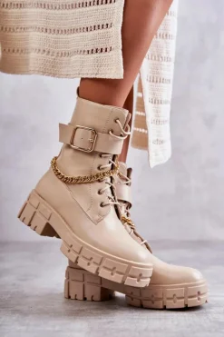 Modne Workery Botki Z Łańcuchem Beżowe Solesso