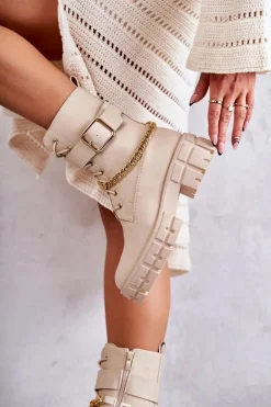 Modne Workery Botki Z Łańcuchem Beżowe Solesso