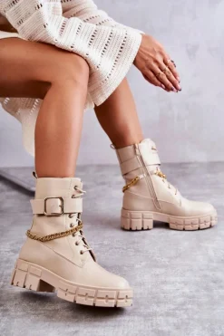 Modne Workery Botki Z Łańcuchem Beżowe Solesso