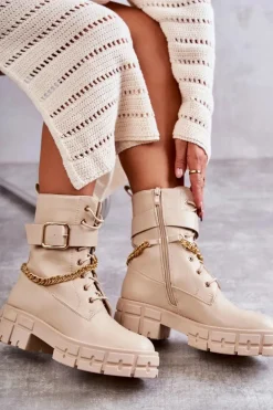 Modne Workery Botki Z Łańcuchem Beżowe Solesso