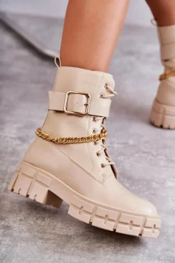 Modne Workery Botki Z Łańcuchem Beżowe Solesso